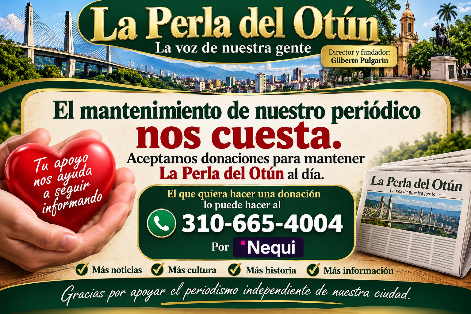 Afiche de donaciones para apoyar el mantenimiento de Pereira al Día; Nequi 310-665-4004