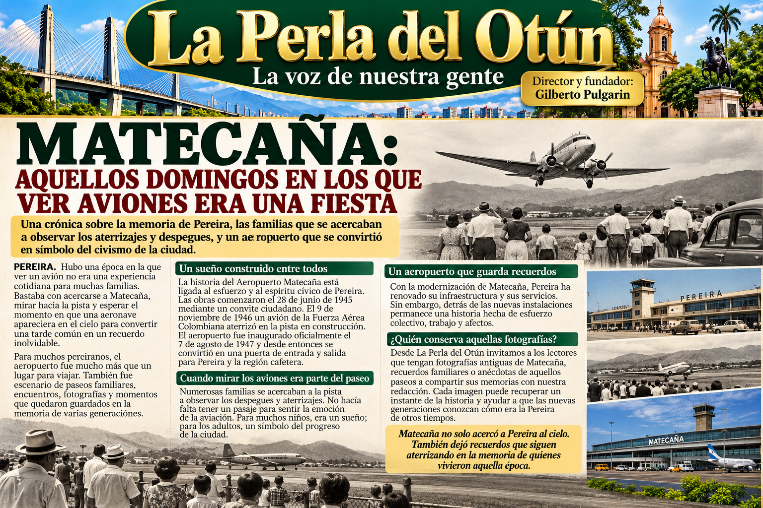 Recreación editorial de familias observando aviones en Matecaña